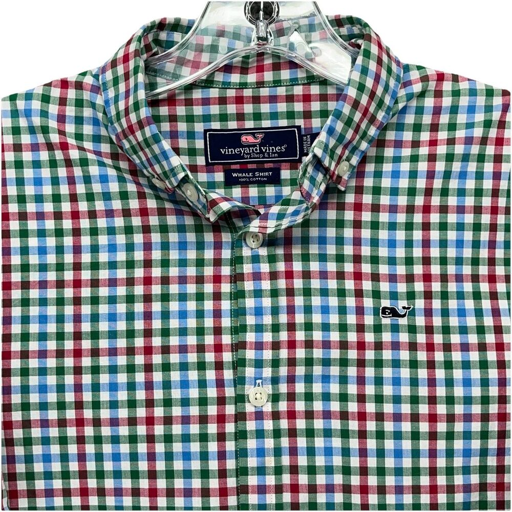 Vineyard Vines Shirt Mens Large Blue Green Red Check “The Whale Shirt” Preppy